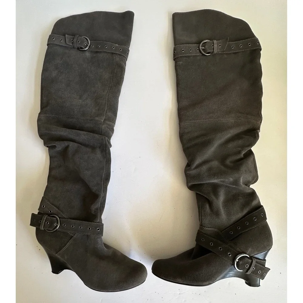 Y2K Naughty Monkey Over The Knee Suede Wedge Boots Gray Grommet Buckle 8